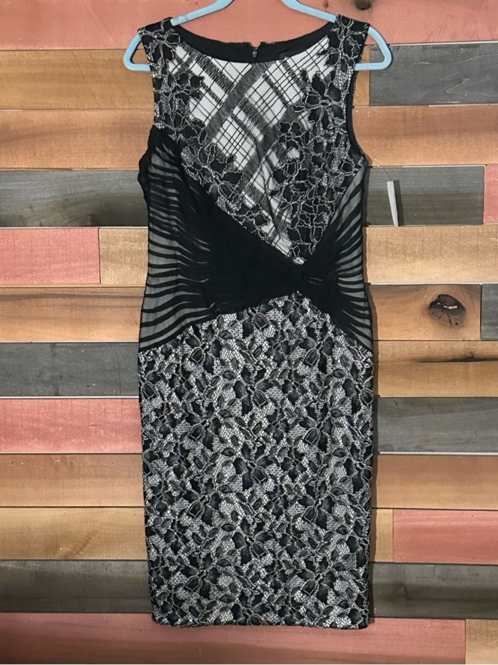 Tadashi Shoji Black and White Lace Midi Sheath Dress